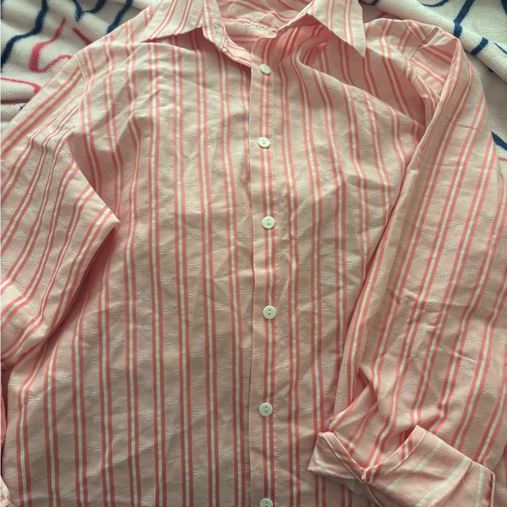 Foxcroft Men's Light Pink Striped Button Down Shirt